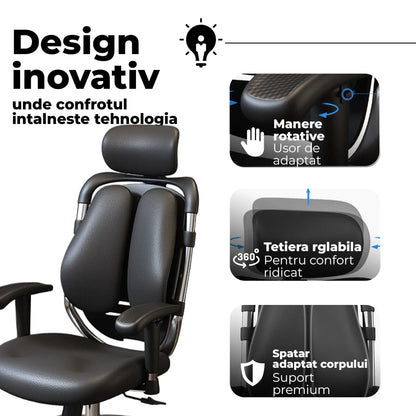 Scaun Ergonomic de Birou Timebox – Design Bi-Spine Inteligent, Tetiera Reglabila 3D, Suport Lombar, Cotiere 3D, Spatar Din Piele Premium si Cadru Metalic, Manere Rotative, Negru - 221.ro