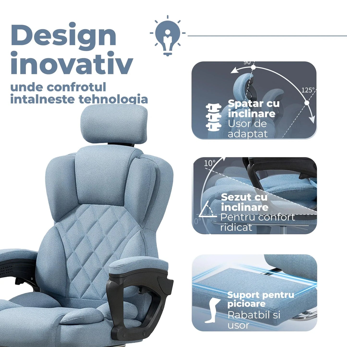 Scaun de Birou cu Masaj TimeBox – Reglabil pe Inaltime, Functie de Masaj cu Vibratii, Spatar Rabatabil 125°, Suport pentru Picioare Retractabil, Tetiera Reglabila, Rotire 360°, Captuseala Densa din Spuma, Design Ergonomic, Turcoaz - 221.ro