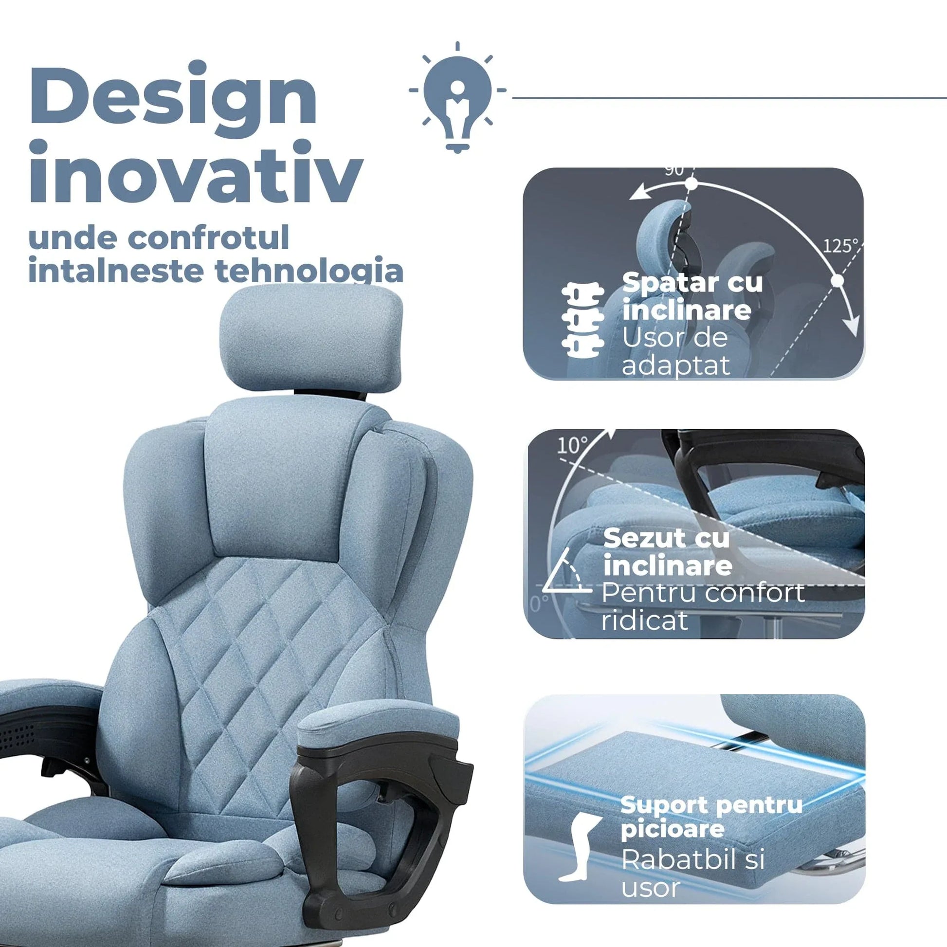 Scaun de Birou cu Masaj TimeBox – Reglabil pe Inaltime, Functie de Masaj cu Vibratii, Spatar Rabatabil 125°, Suport pentru Picioare Retractabil, Tetiera Reglabila, Rotire 360°, Captuseala Densa din Spuma, Design Ergonomic, Turcoaz - 221.ro