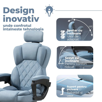 Scaun de Birou cu Masaj TimeBox – Reglabil pe Inaltime, Functie de Masaj cu Vibratii, Spatar Rabatabil 125°, Suport pentru Picioare Retractabil, Tetiera Reglabila, Rotire 360°, Captuseala Densa din Spuma, Design Ergonomic, Turcoaz - 221.ro