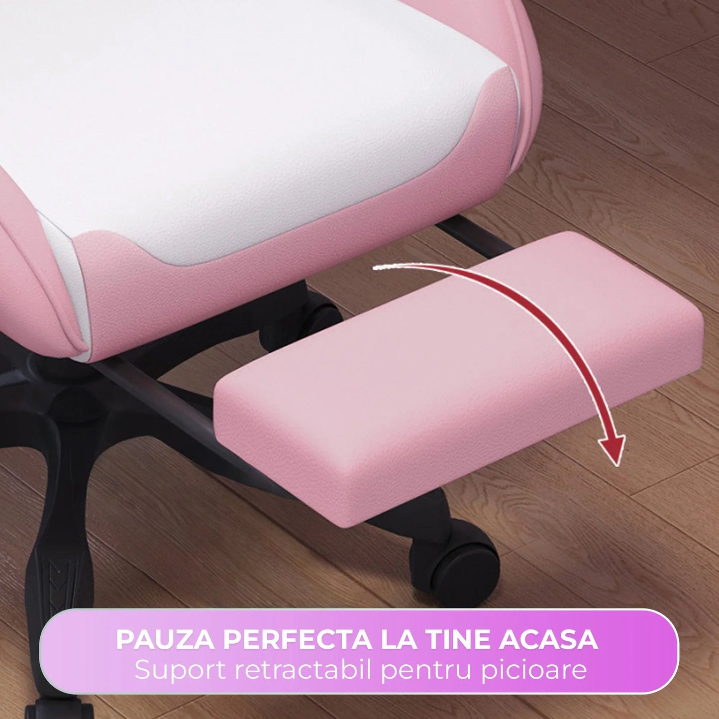 Scaun Gaming Timebox – Design Ergonomic, Piele PU Premium, Spatar Reglabil 135°, Suport pentru Picioare Retractabil, Rotire 360°, Perna Confortabila, Brate Sincron, Piston SGS, Baza Solida, Roz - 221.ro