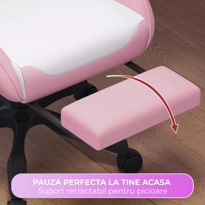 Scaun Gaming Timebox – Design Ergonomic, Piele PU Premium, Spatar Reglabil 135°, Suport pentru Picioare Retractabil, Rotire 360°, Perna Confortabila, Brate Sincron, Piston SGS, Baza Solida, Roz - 221.ro