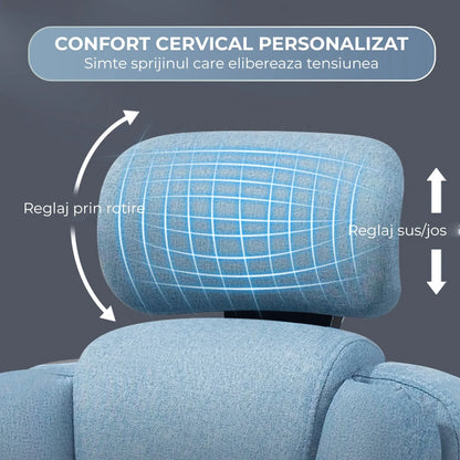 Scaun de Birou cu Masaj TimeBox – Reglabil pe Inaltime, Functie de Masaj cu Vibratii, Spatar Rabatabil 125°, Suport pentru Picioare Retractabil, Tetiera Reglabila, Rotire 360°, Captuseala Densa din Spuma, Design Ergonomic, Turcoaz - 221.ro