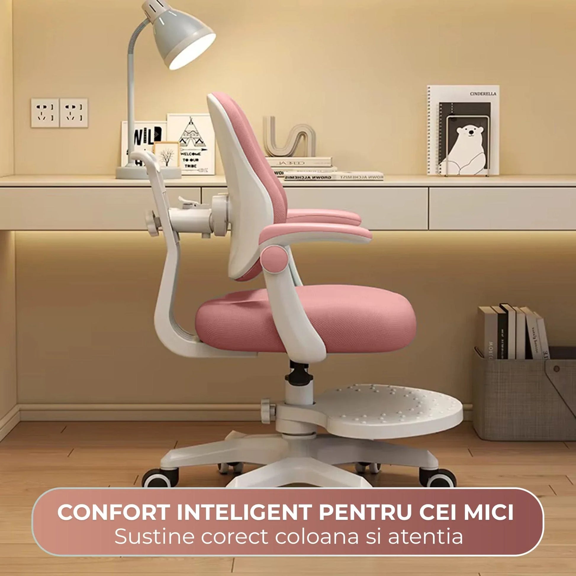 Scaun ergonomic copii, Spatar confortabil, Rglaj inaltime, Rotativ, Sezut moale, Brate rabatabile, Suport picioare reglabil, Roti auto-blocante, Roz - 221.ro