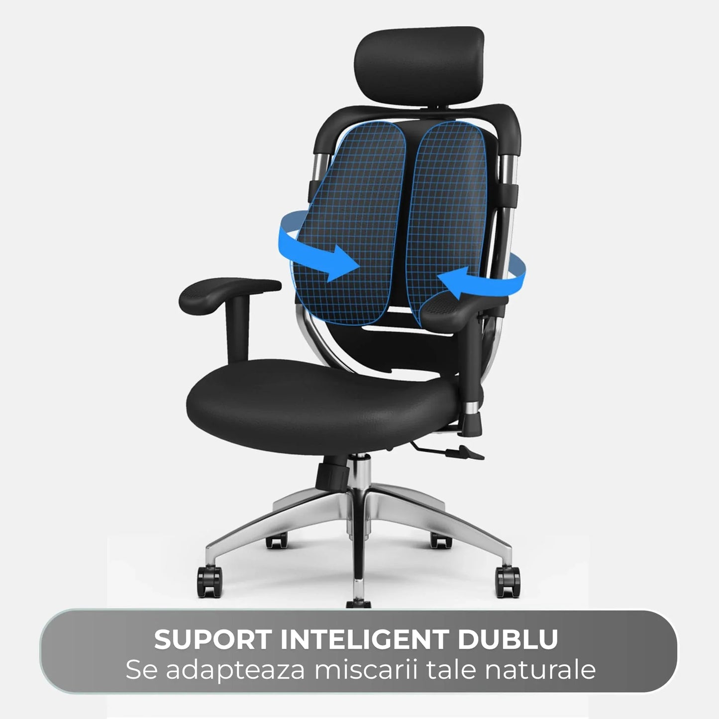 Scaun Ergonomic de Birou Timebox – Design Bi-Spine Inteligent, Tetiera Reglabila 3D, Suport Lombar, Cotiere 3D, Spatar Din Piele Premium si Cadru Metalic, Manere Rotative, Negru - 221.ro