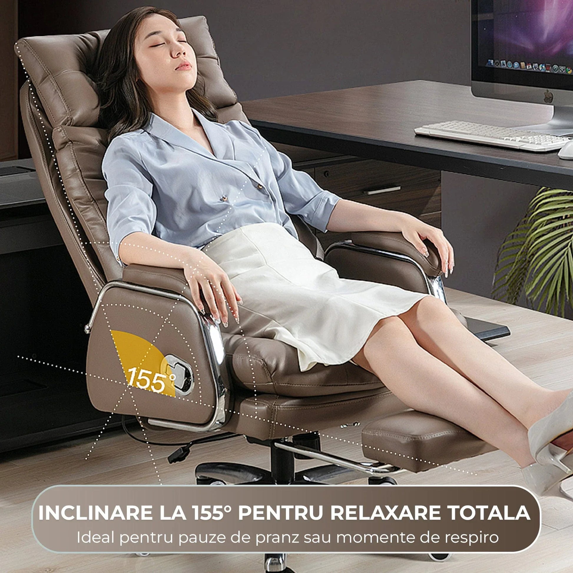 Scaun de Birou Ergonomic cu Masaj in 7 Puncte, Inclinare 155°, Suport Retractabil Picioare, Piele Premium, Captuseala Groasa, Rotire 360°, Reglabil pe Inaltime – Ideal pentru Office, Gaming, Relaxare Acasa, Maro - 221.ro