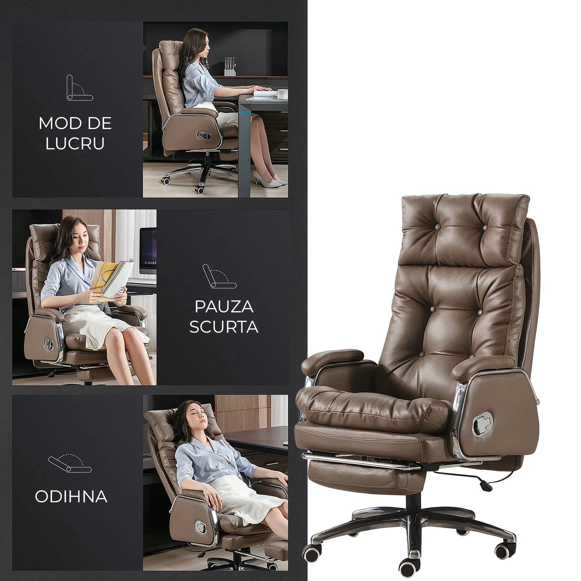 Scaun de Birou Ergonomic cu Masaj in 7 Puncte, Inclinare 155°, Suport Retractabil Picioare, Piele Premium, Captuseala Groasa, Rotire 360°, Reglabil pe Inaltime – Ideal pentru Office, Gaming, Relaxare Acasa, Maro - 221.ro
