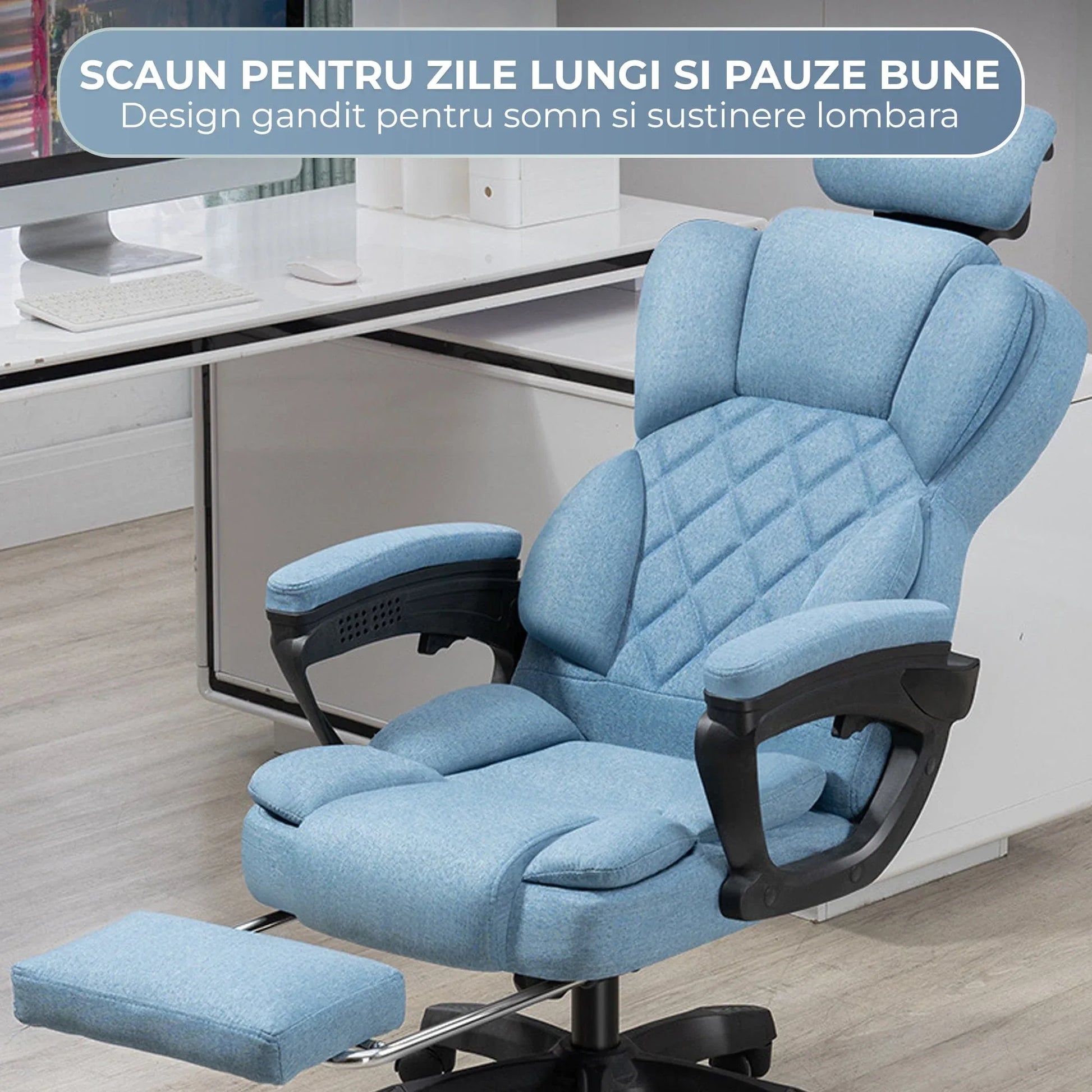 Scaun de Birou cu Masaj TimeBox – Reglabil pe Inaltime, Functie de Masaj cu Vibratii, Spatar Rabatabil 125°, Suport pentru Picioare Retractabil, Tetiera Reglabila, Rotire 360°, Captuseala Densa din Spuma, Design Ergonomic, Turcoaz - 221.ro