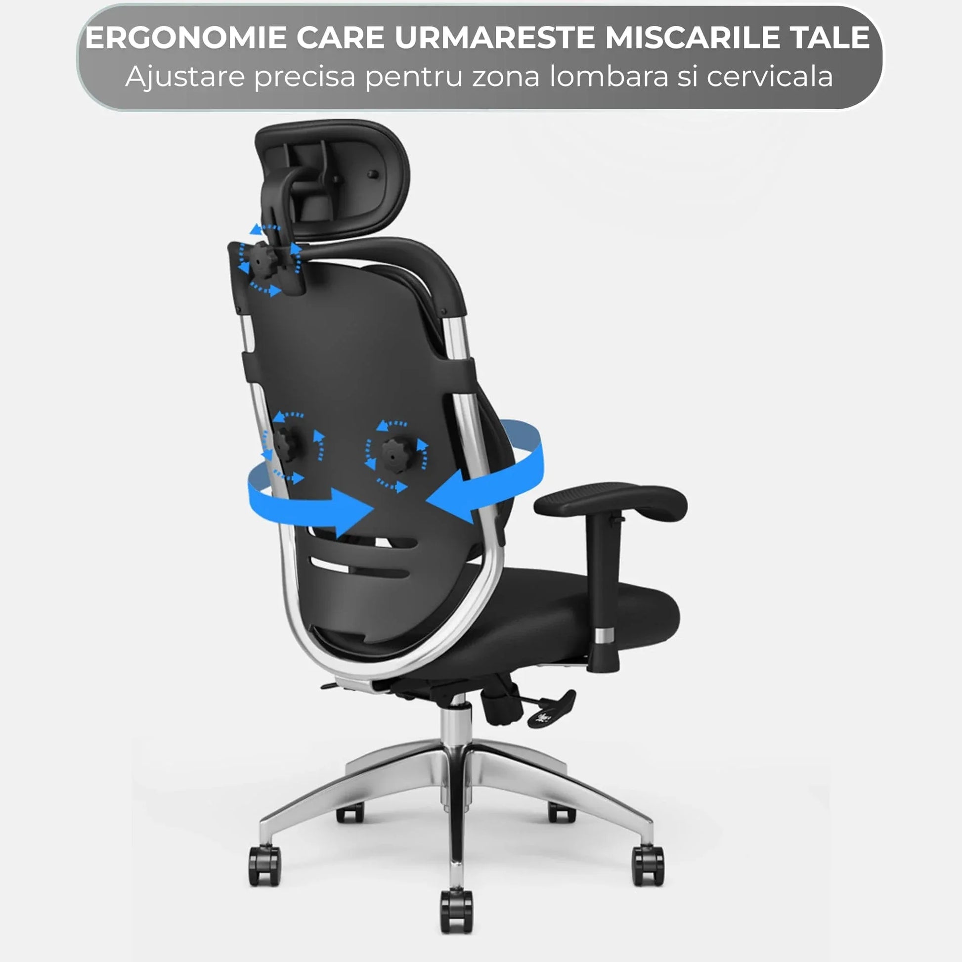 Scaun Ergonomic de Birou Timebox – Design Bi-Spine Inteligent, Tetiera Reglabila 3D, Suport Lombar, Cotiere 3D, Spatar Din Piele Premium si Cadru Metalic, Manere Rotative, Negru - 221.ro