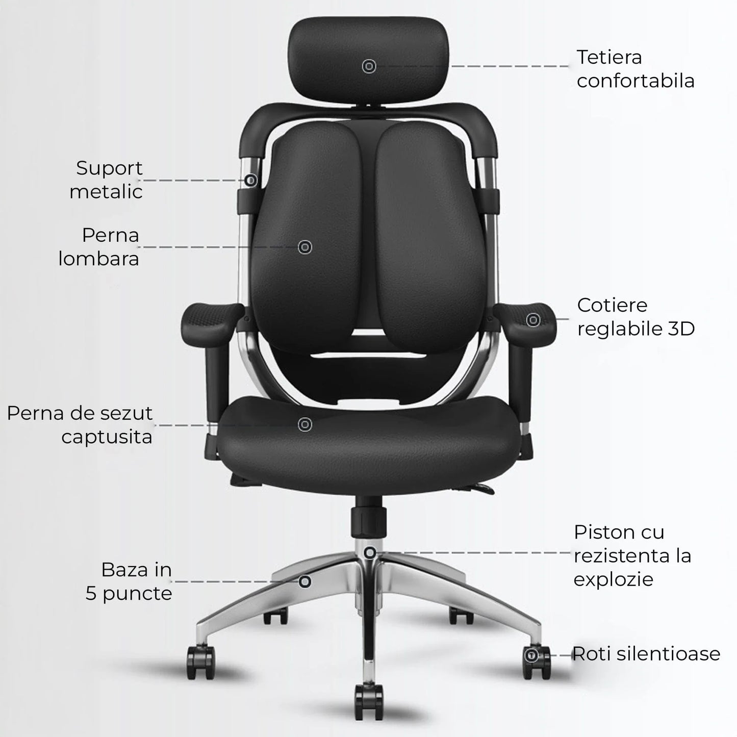 Scaun Ergonomic de Birou Timebox – Design Bi-Spine Inteligent, Tetiera Reglabila 3D, Suport Lombar, Cotiere 3D, Spatar Din Piele Premium si Cadru Metalic, Manere Rotative, Negru - 221.ro