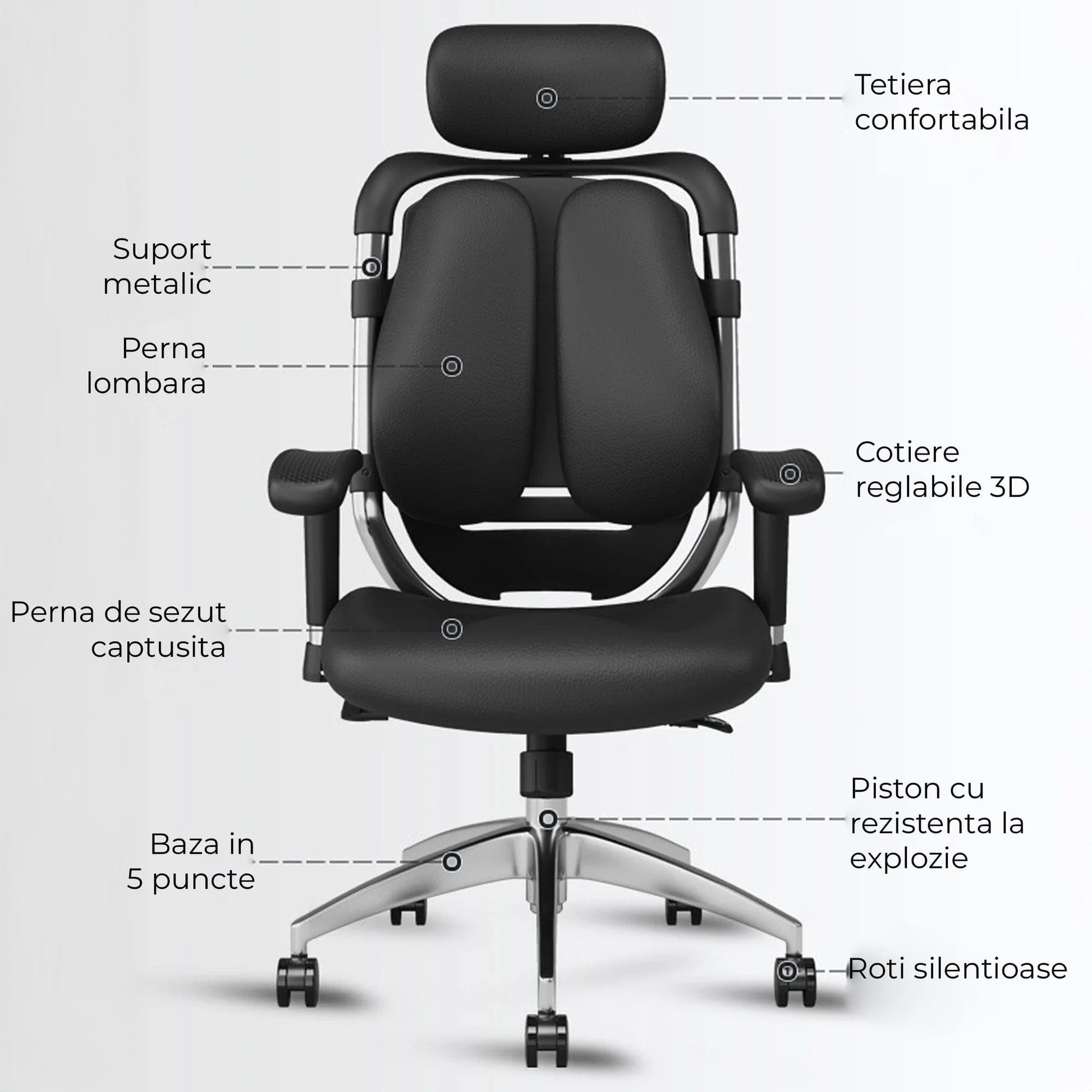 Scaun Ergonomic de Birou Timebox – Design Bi-Spine Inteligent, Tetiera Reglabila 3D, Suport Lombar, Cotiere 3D, Spatar Din Piele Premium si Cadru Metalic, Manere Rotative, Negru - 221.ro