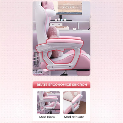 Scaun Gaming Timebox – Design Ergonomic, Piele PU Premium, Spatar Reglabil 135°, Suport pentru Picioare Retractabil, Rotire 360°, Perna Confortabila, Brate Sincron, Piston SGS, Baza Solida, Roz - 221.ro