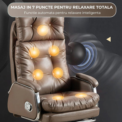 Scaun de Birou Ergonomic cu Masaj in 7 Puncte, Inclinare 155°, Suport Retractabil Picioare, Piele Premium, Captuseala Groasa, Rotire 360°, Reglabil pe Inaltime – Ideal pentru Office, Gaming, Relaxare Acasa, Maro - 221.ro