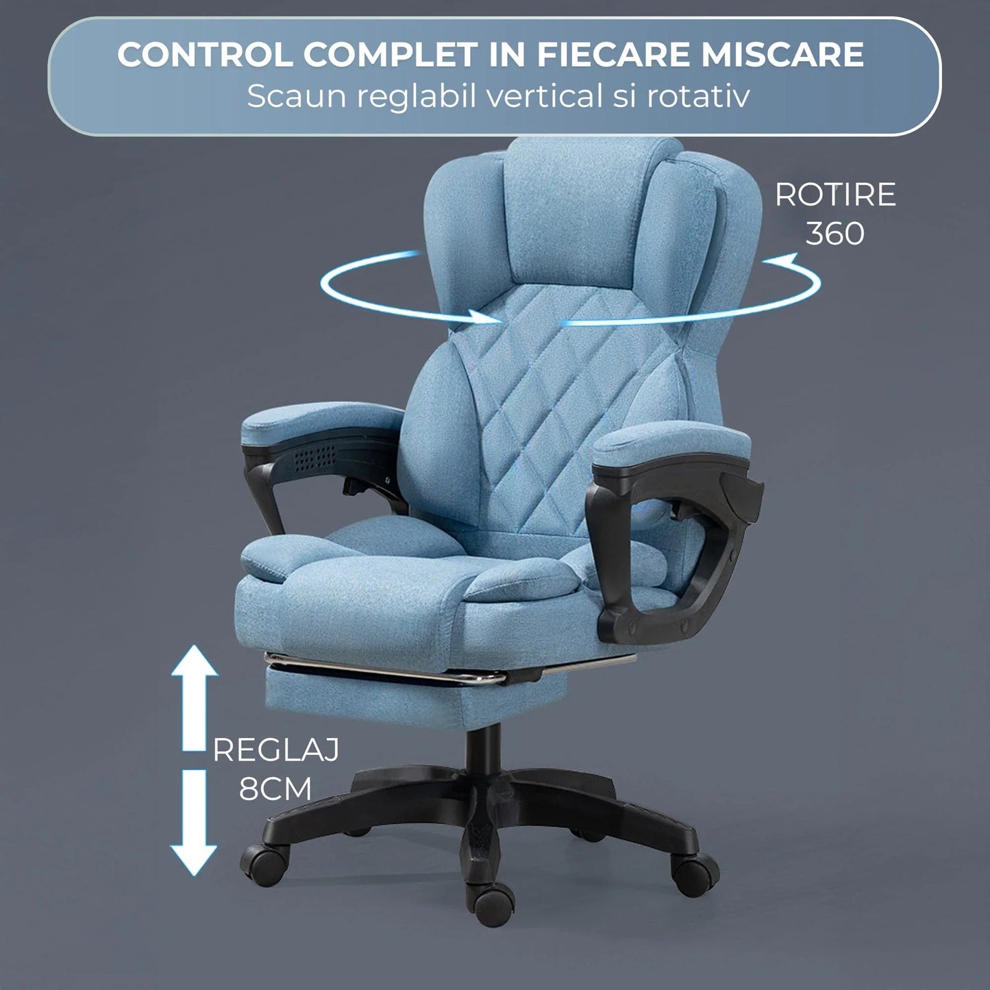 Scaun de Birou cu Masaj TimeBox – Reglabil pe Inaltime, Functie de Masaj cu Vibratii, Spatar Rabatabil 125°, Suport pentru Picioare Retractabil, Tetiera Reglabila, Rotire 360°, Captuseala Densa din Spuma, Design Ergonomic, Turcoaz - 221.ro