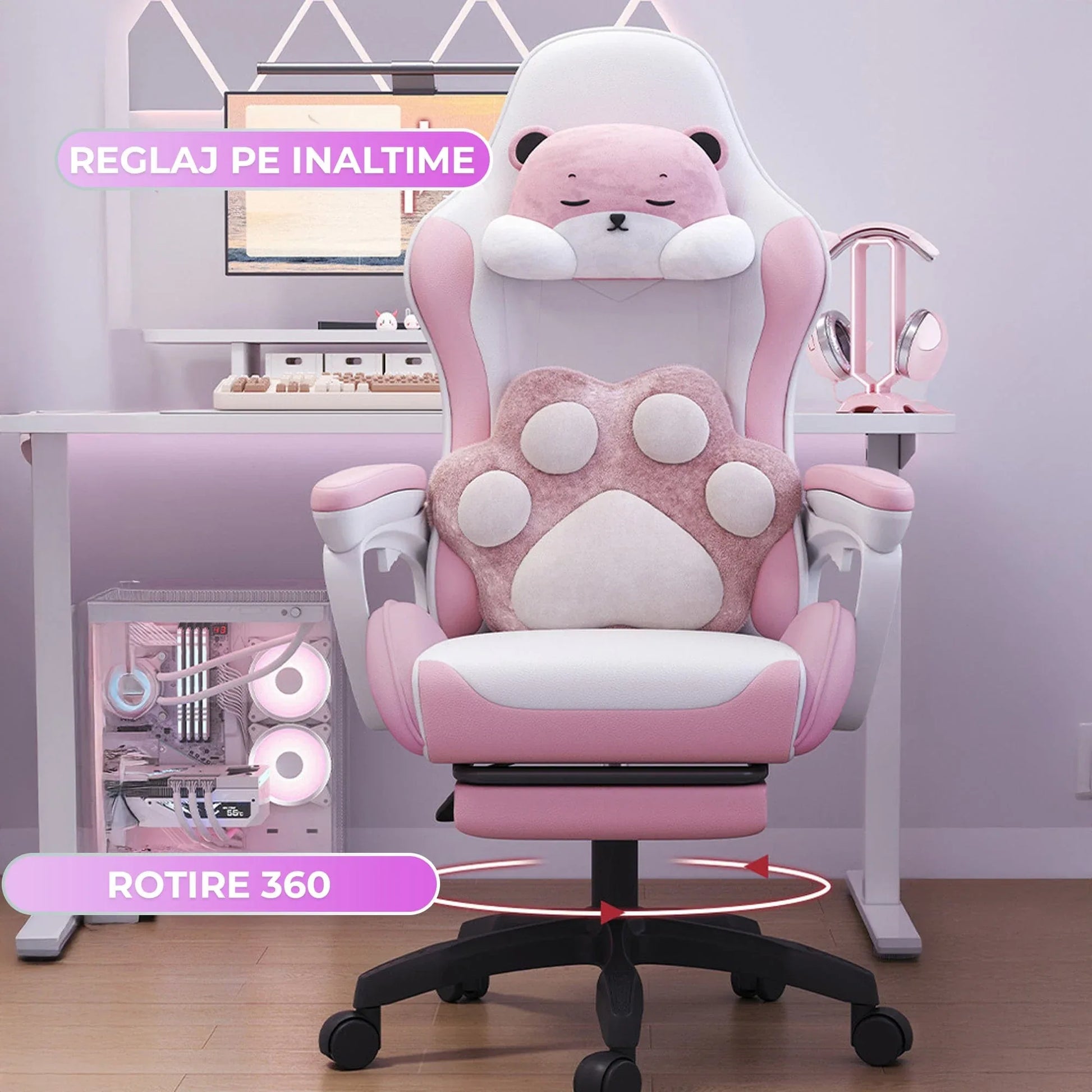 Scaun Gaming Timebox – Design Ergonomic, Piele PU Premium, Spatar Reglabil 135°, Suport pentru Picioare Retractabil, Rotire 360°, Perna Confortabila, Brate Sincron, Piston SGS, Baza Solida, Roz - 221.ro