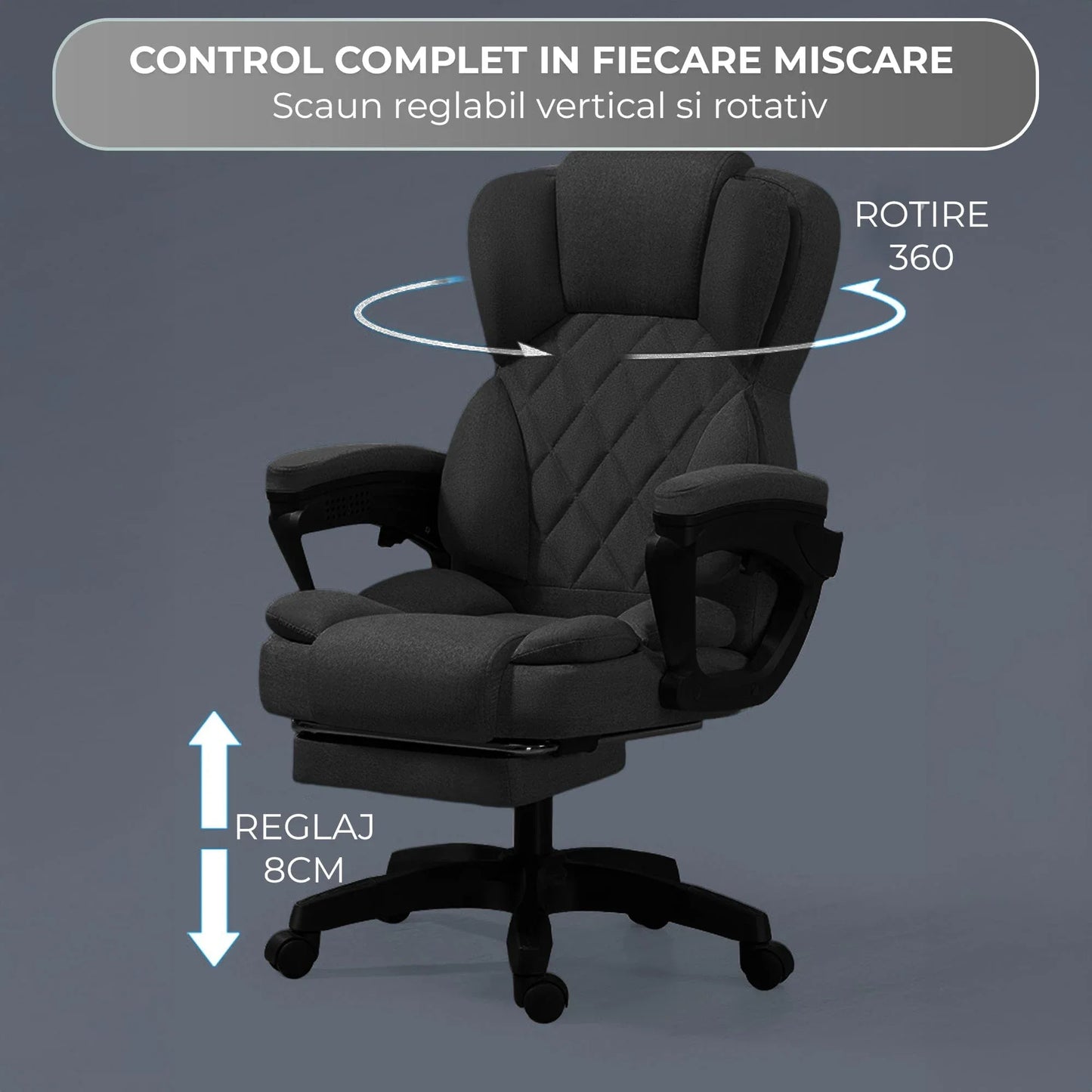 Scaun de Birou cu Masaj TimeBox – Reglabil pe Inaltime, Functie de Masaj cu Vibratii, Spatar Rabatabil 125°, Suport pentru Picioare Retractabil, Tetiera Reglabila, Rotire 360°, Captuseala Densa din Spuma, Design Ergonomic, Negru - 221.ro