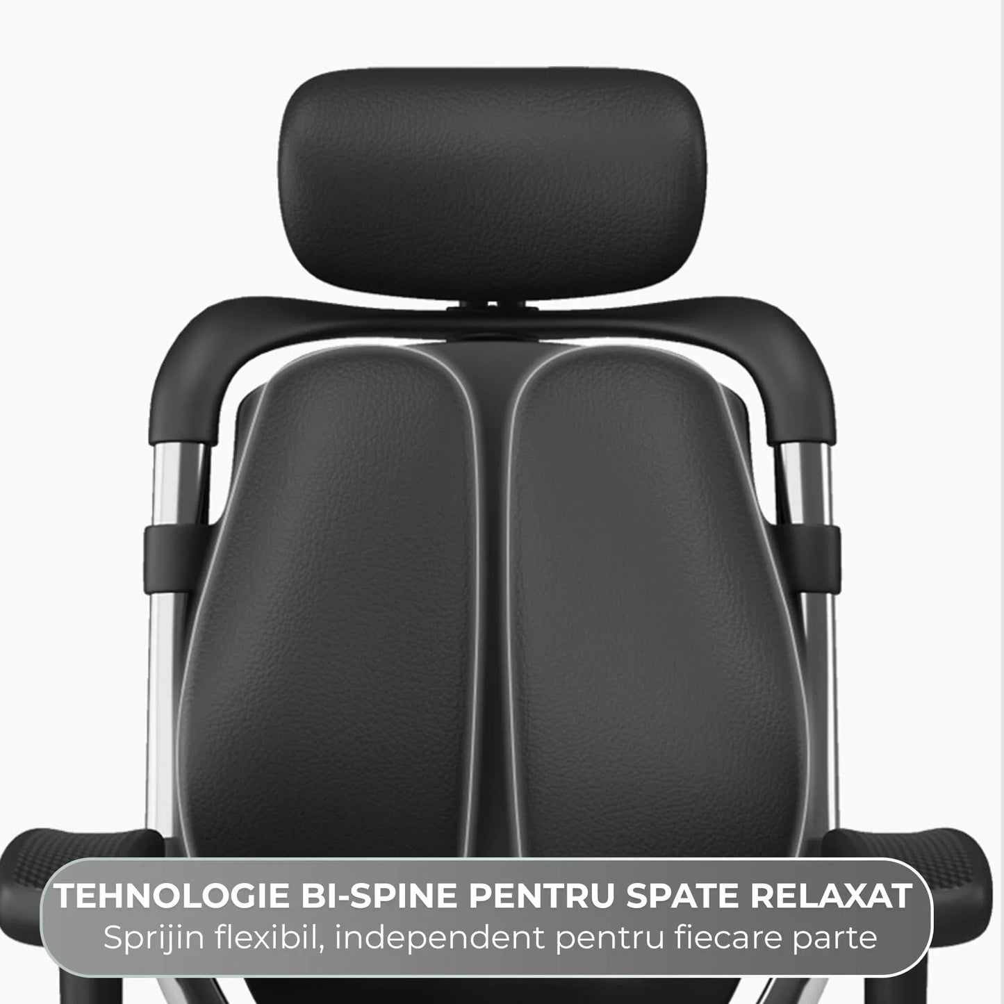 Scaun Ergonomic de Birou Timebox – Design Bi-Spine Inteligent, Tetiera Reglabila 3D, Suport Lombar, Cotiere 3D, Spatar Din Piele Premium si Cadru Metalic, Manere Rotative, Negru - 221.ro
