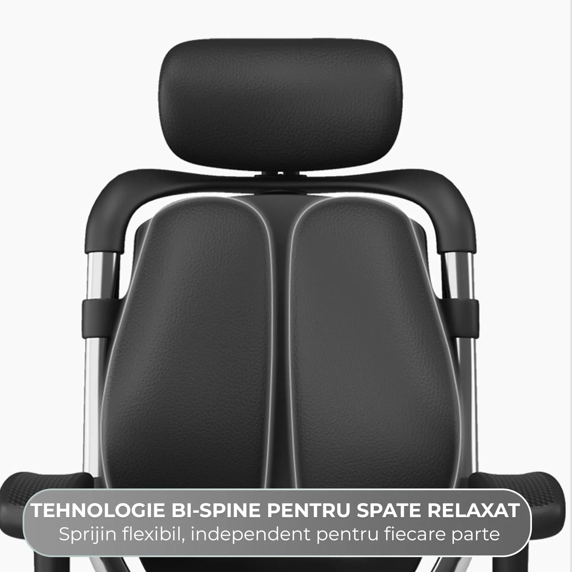 Scaun Ergonomic de Birou Timebox – Design Bi-Spine Inteligent, Tetiera Reglabila 3D, Suport Lombar, Cotiere 3D, Spatar Din Piele Premium si Cadru Metalic, Manere Rotative, Negru - 221.ro