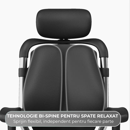 Scaun Ergonomic de Birou Timebox – Design Bi-Spine Inteligent, Tetiera Reglabila 3D, Suport Lombar, Cotiere 3D, Spatar Din Piele Premium si Cadru Metalic, Manere Rotative, Negru - 221.ro