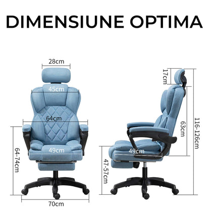 Scaun de Birou cu Masaj TimeBox – Reglabil pe Inaltime, Functie de Masaj cu Vibratii, Spatar Rabatabil 125°, Suport pentru Picioare Retractabil, Tetiera Reglabila, Rotire 360°, Captuseala Densa din Spuma, Design Ergonomic, Turcoaz - 221.ro