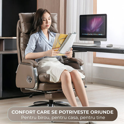 Scaun de Birou Ergonomic cu Masaj in 7 Puncte, Inclinare 155°, Suport Retractabil Picioare, Piele Premium, Captuseala Groasa, Rotire 360°, Reglabil pe Inaltime – Ideal pentru Office, Gaming, Relaxare Acasa, Maro - 221.ro