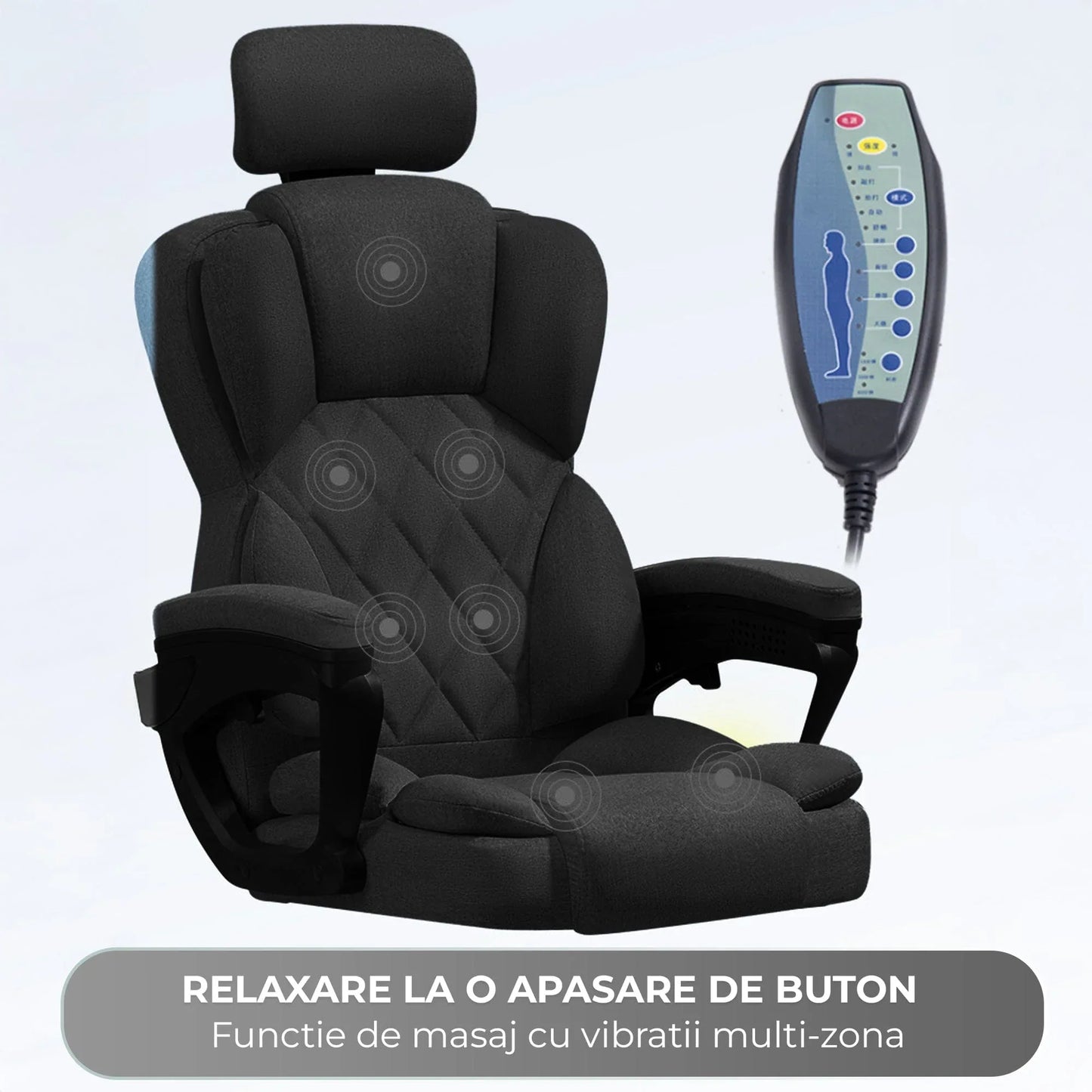 Scaun de Birou cu Masaj TimeBox – Reglabil pe Inaltime, Functie de Masaj cu Vibratii, Spatar Rabatabil 125°, Suport pentru Picioare Retractabil, Tetiera Reglabila, Rotire 360°, Captuseala Densa din Spuma, Design Ergonomic, Negru - 221.ro