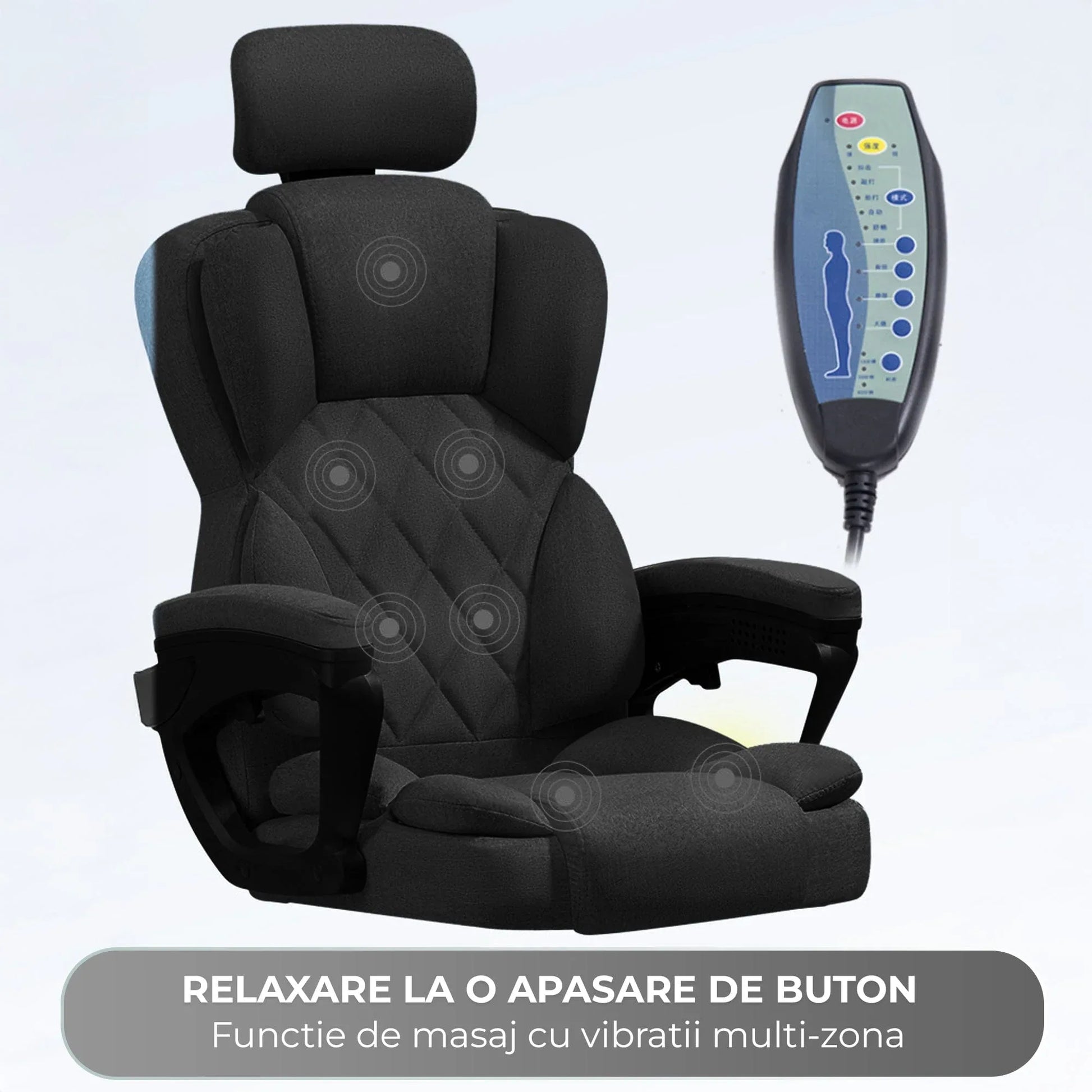 Scaun de Birou cu Masaj TimeBox – Reglabil pe Inaltime, Functie de Masaj cu Vibratii, Spatar Rabatabil 125°, Suport pentru Picioare Retractabil, Tetiera Reglabila, Rotire 360°, Captuseala Densa din Spuma, Design Ergonomic, Negru - 221.ro