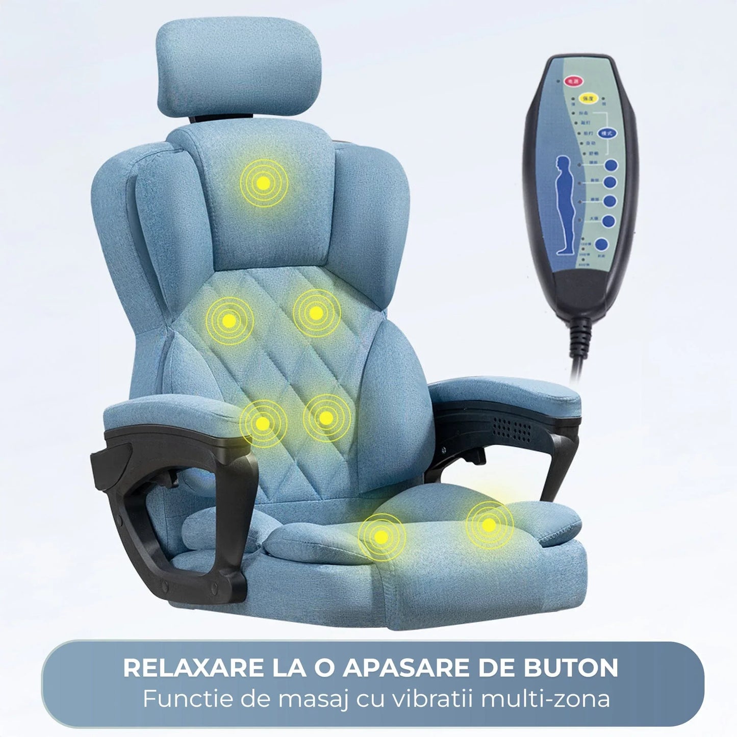 Scaun de Birou cu Masaj TimeBox – Reglabil pe Inaltime, Functie de Masaj cu Vibratii, Spatar Rabatabil 125°, Suport pentru Picioare Retractabil, Tetiera Reglabila, Rotire 360°, Captuseala Densa din Spuma, Design Ergonomic, Turcoaz - 221.ro