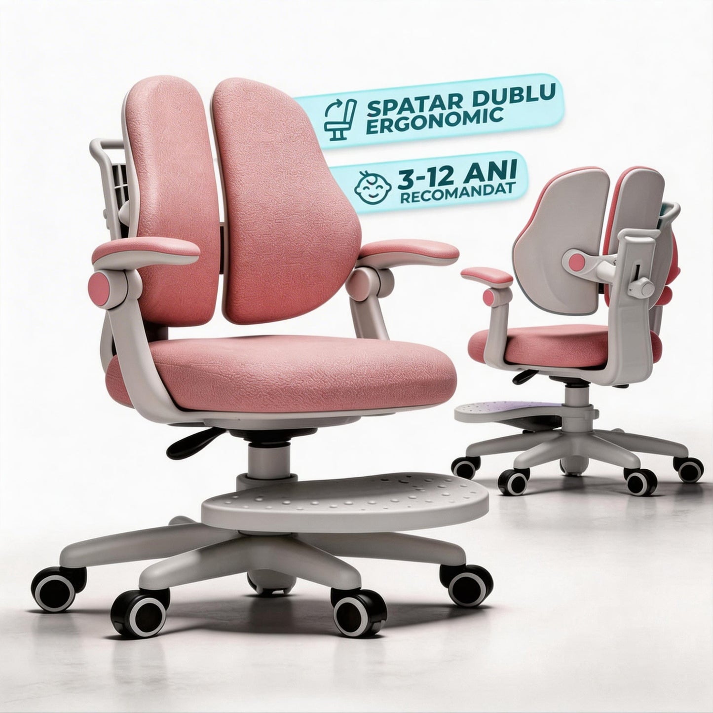 Scaun ergonomic copii 3-12 ani, Rglaj inaltime, Brate rabatabile, Roti auto-blocante, Roz