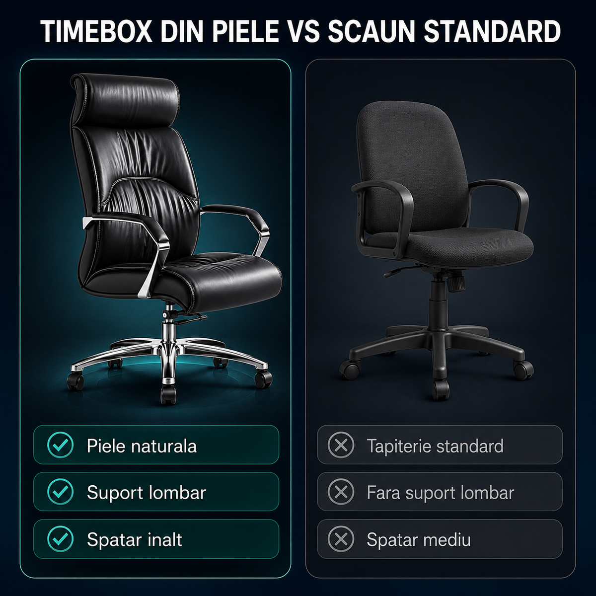 Scaun ergonomic de birou Timebox, 360°, home office sau spatii comerciale, Negru