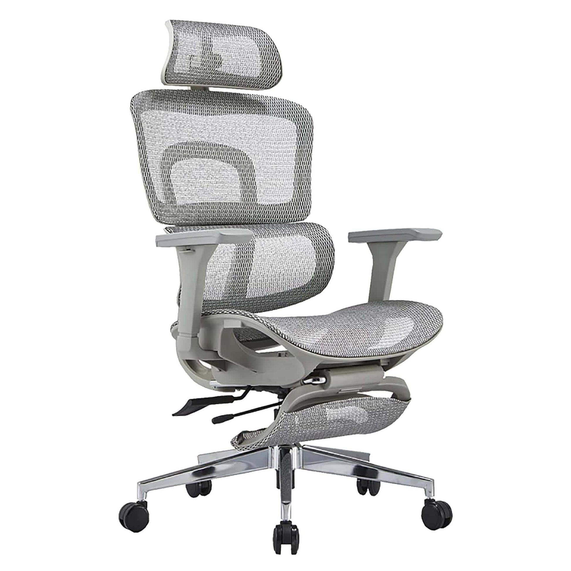 Scaun ergonomic Timebox, Reglare inaltime, spatar in 6 pozitii 150°, Cotiere 4D, Plasa Mesh, Profil lombar flexibil, Suport Picioare, Baza din aluminiu durabil, pana la 150 kg, Gri - 221.ro