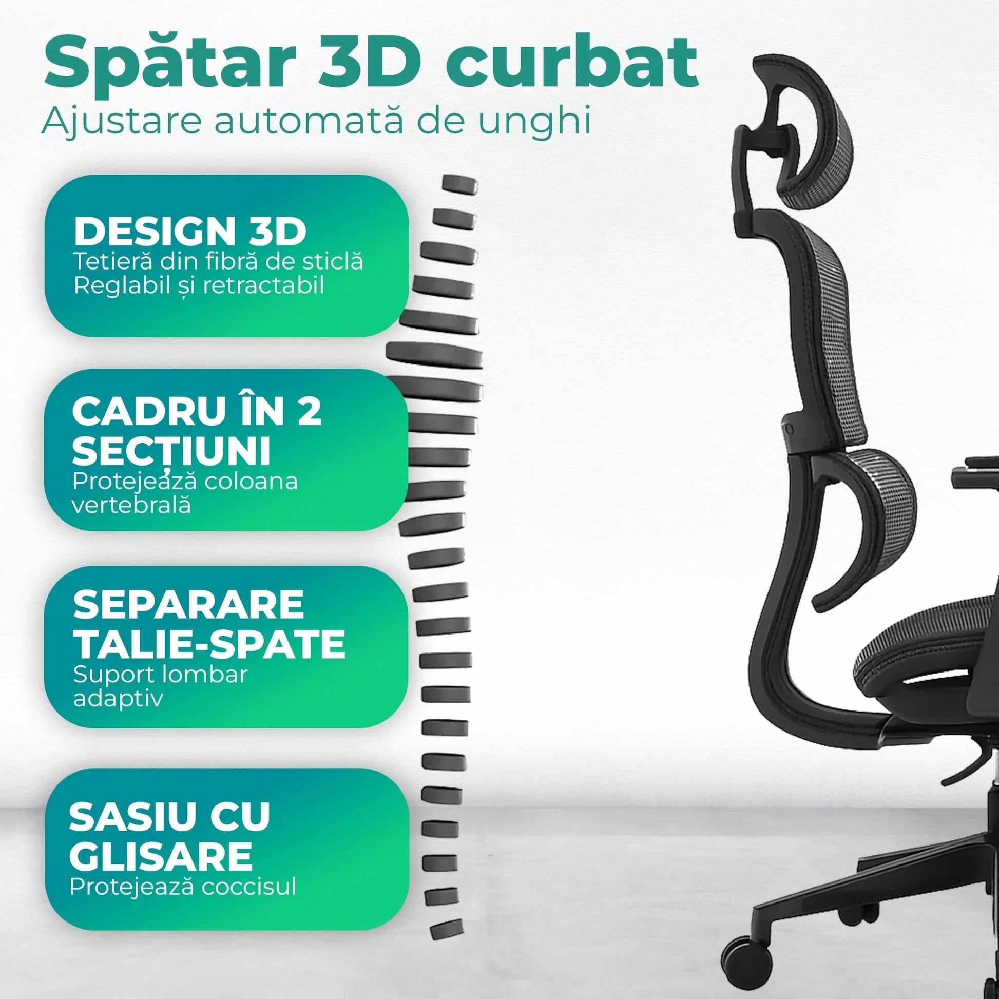 Scaun ergonomic Timebox, Reglare inaltime, spatar in 6 pozitii 150°, Cotiere 4D, Plasa Mesh, Profil lombar flexibil, Suport Picioare, Baza din aluminiu durabil, pana la 150 kg, Negru - 221.ro