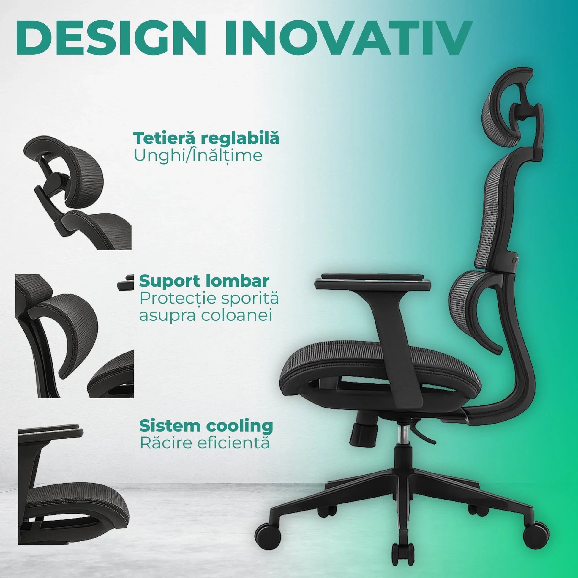 Scaun ergonomic Timebox, Reglare inaltime, spatar in 6 pozitii 150°, Cotiere 4D, Plasa Mesh, Profil lombar flexibil, Suport Picioare, Baza din aluminiu durabil, pana la 150 kg, Negru - 221.ro