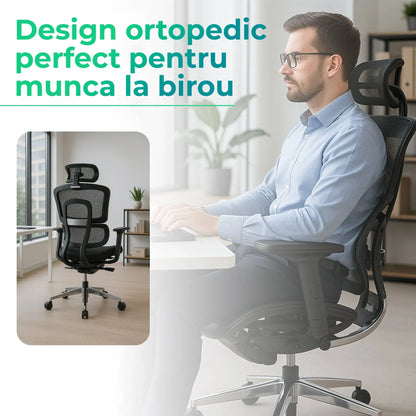 Scaun ergonomic Timebox, Reglare inaltime, spatar in 6 pozitii 150°, Cotiere 4D, Plasa Mesh, Profil lombar flexibil, Suport Picioare, Baza din aluminiu durabil, pana la 150 kg, Negru - 221.ro