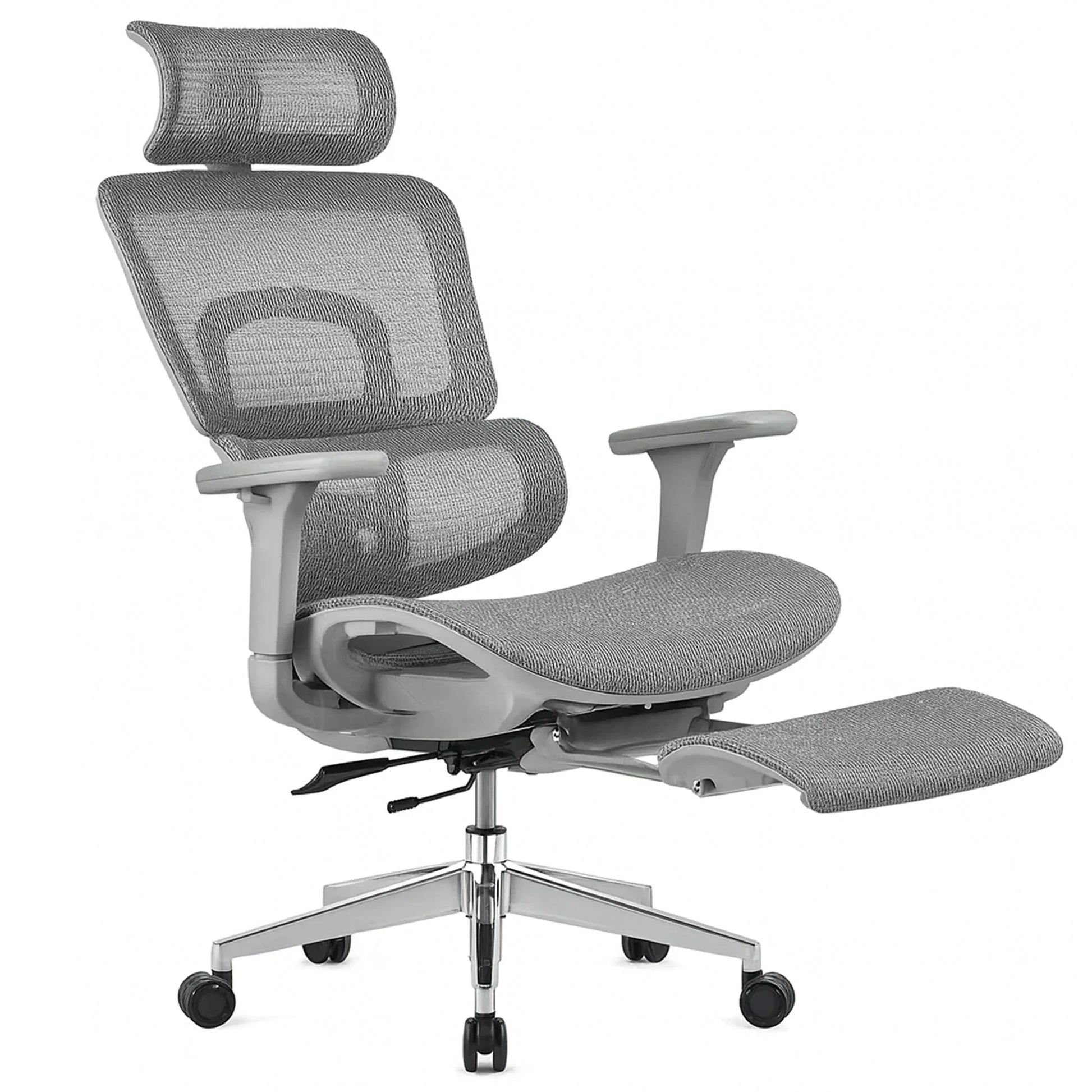 Scaun ergonomic Timebox, Reglare inaltime, spatar in 6 pozitii 150°, Cotiere 4D, Plasa Mesh, Profil lombar flexibil, Suport Picioare, Baza din aluminiu durabil, pana la 150 kg, Gri - 221.ro