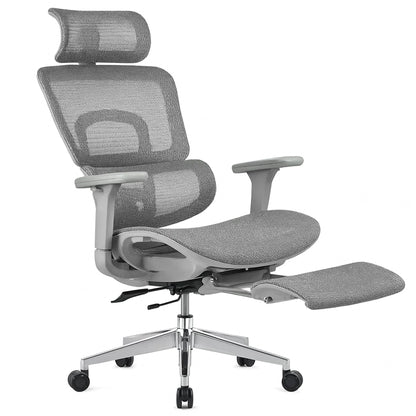 Scaun ergonomic Timebox, Reglare inaltime, spatar in 6 pozitii 150°, Cotiere 4D, Plasa Mesh, Profil lombar flexibil, Suport Picioare, Baza din aluminiu durabil, pana la 150 kg, Gri - 221.ro