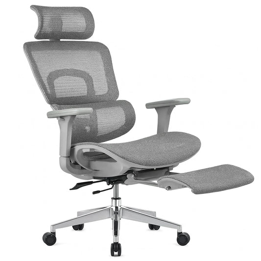 Scaun ergonomic Timebox, Reglare inaltime, spatar in 6 pozitii 150°, Cotiere 4D, Plasa Mesh, Profil lombar flexibil, Suport Picioare, Baza din aluminiu durabil, pana la 150 kg, Gri - 221.ro
