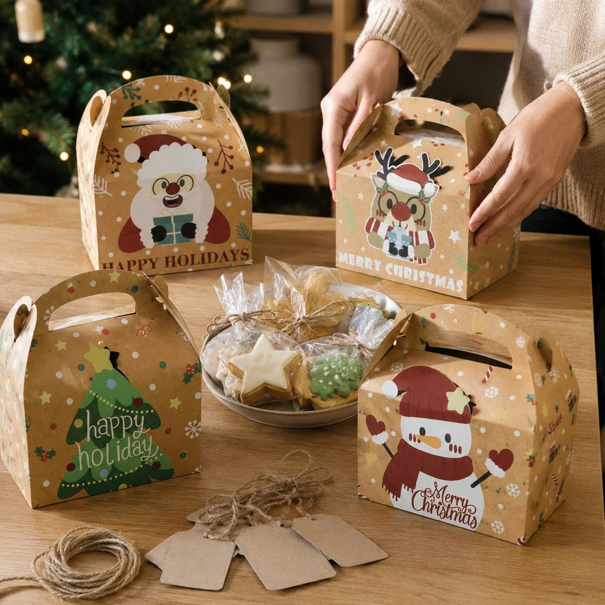 Set 12 cutii Crăciun 4 modele cu mâner - kraft