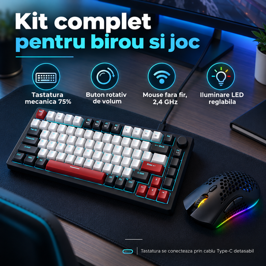 Set Gaming Timebox, Red Switch, 75%, Wireless, Tastatura Mecanica Gaming, Negru