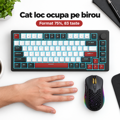 Set Gaming Timebox, Red Switch, 75%, Wireless, Tastatura Mecanica Gaming, Negru