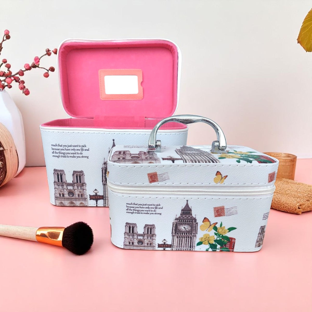 Set 2 Genti Cosmetice Tip Beauty Case, Naimeed D269, Cu maner metalic, London