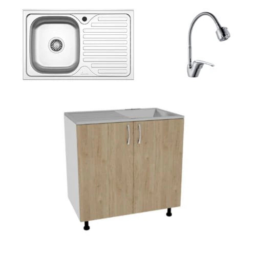 Set Masca Chiuveta Karo, Lemn Natural/Alb, 80 x 50 x 80 cm, Chiuveta Inox, Cuva stanga, Baterie Flexibila