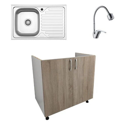 Set Masca haaus Chiuveta Karo, Stejar Sonoma Inchis/Alb, 80 x 50 x 80 cm, Chiuveta Inox, Cuva stanga, Baterie Flexibila