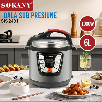 Oala sub presiune electrica, Sokany SK-2401, 1000W, 6L, functionalitate de multicooker, pastrare la cald, Inox