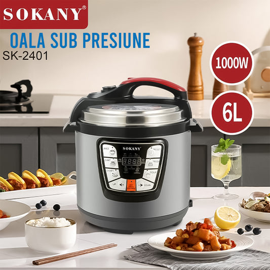 Oala sub presiune electrica, Sokany SK-2401, 1000W, 6L, functionalitate de multicooker, pastrare la cald, Inox
