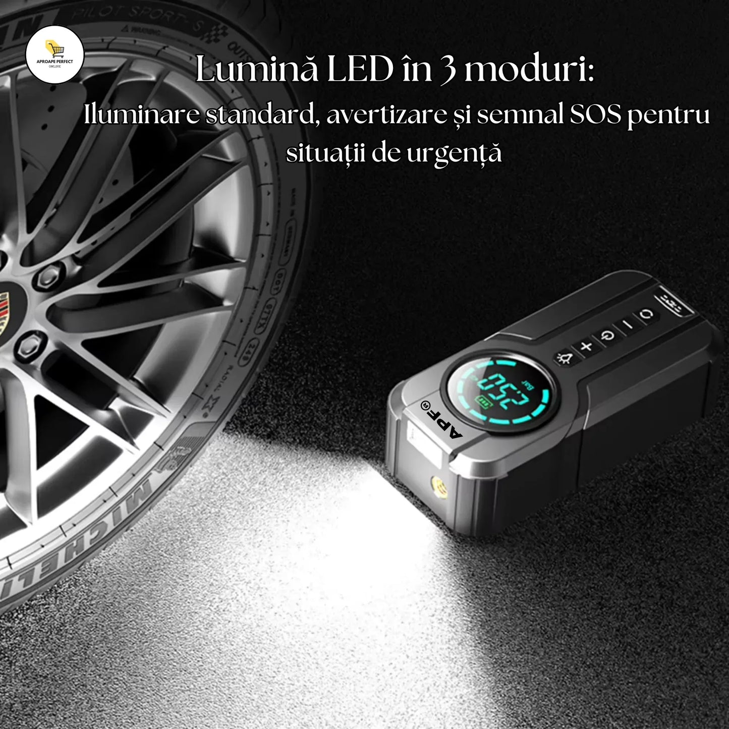 Starter/Compresor Auto Portabil APF® 150PSI, Baterie 6000mAh, Afișaj Digital LED, Lumini SOS, Fără Fir, USB-C