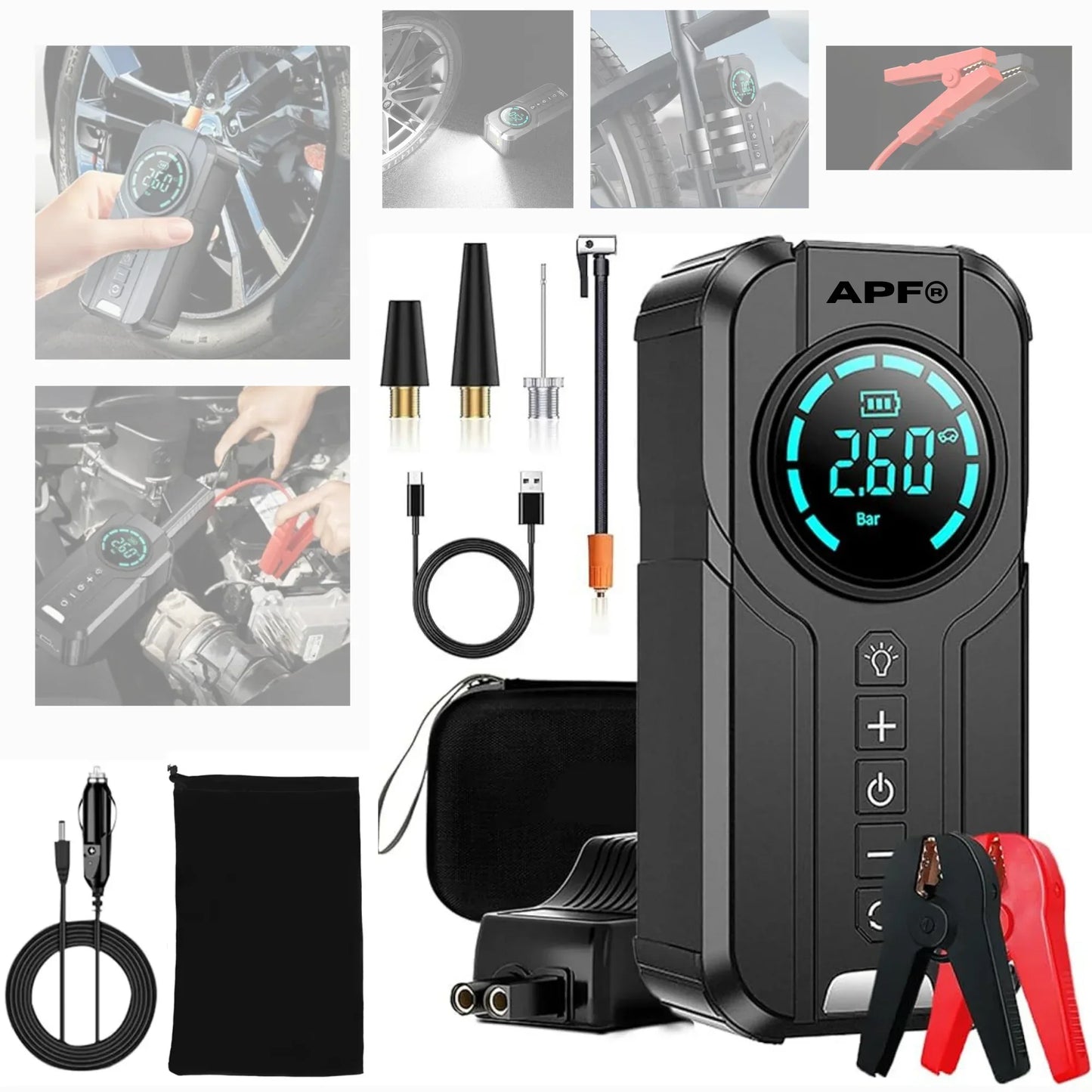 Starter/Compresor Auto Portabil APF® 150PSI, Baterie 6000mAh, Afișaj Digital LED, Lumini SOS, Fără Fir, USB-C