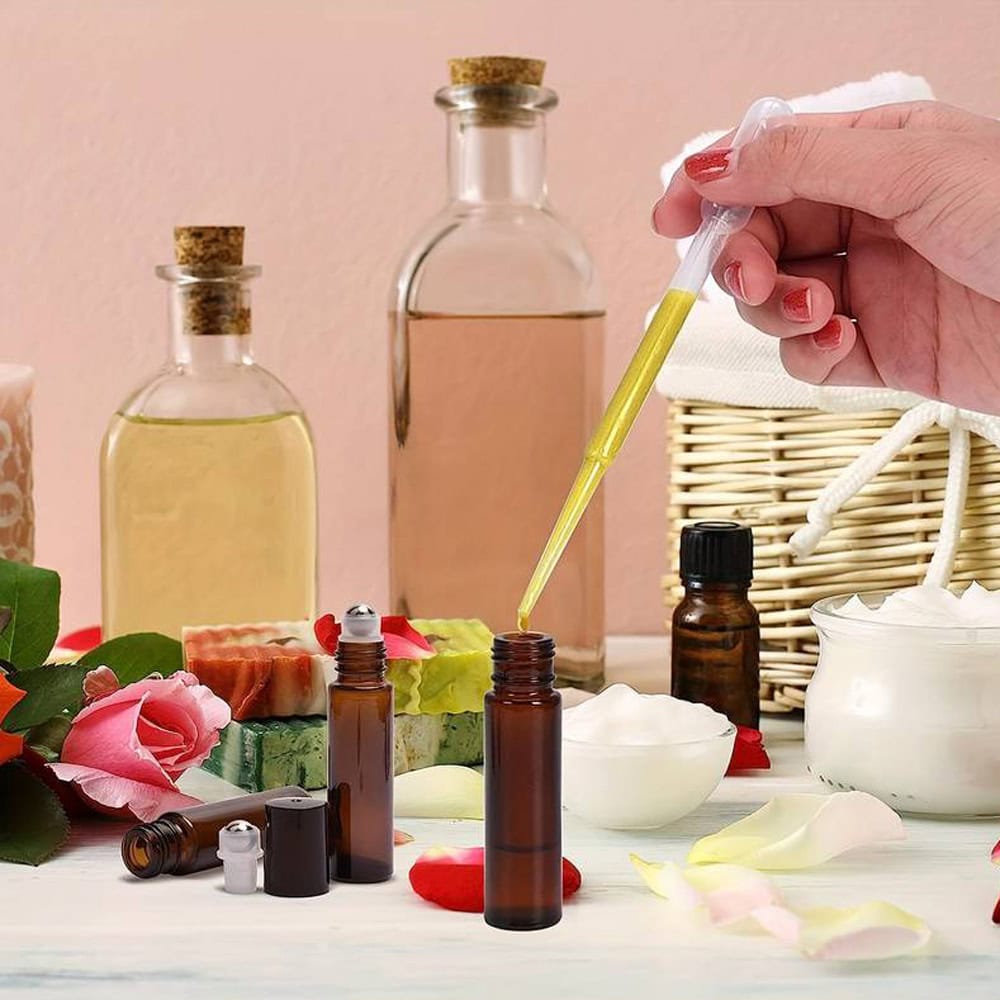Sticluță ambră reutilizabilă cu roll on metalic și capac negru 10ml
