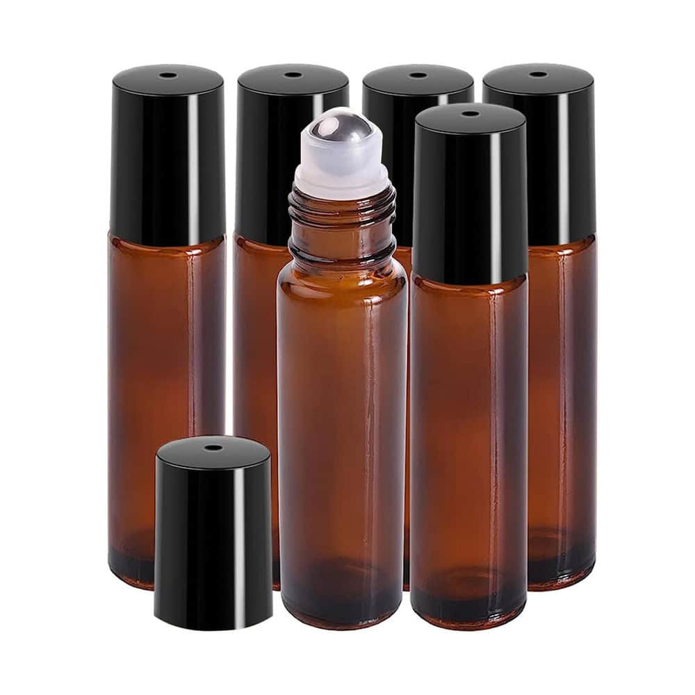 Sticluță ambră reutilizabilă cu roll on metalic și capac negru 10ml