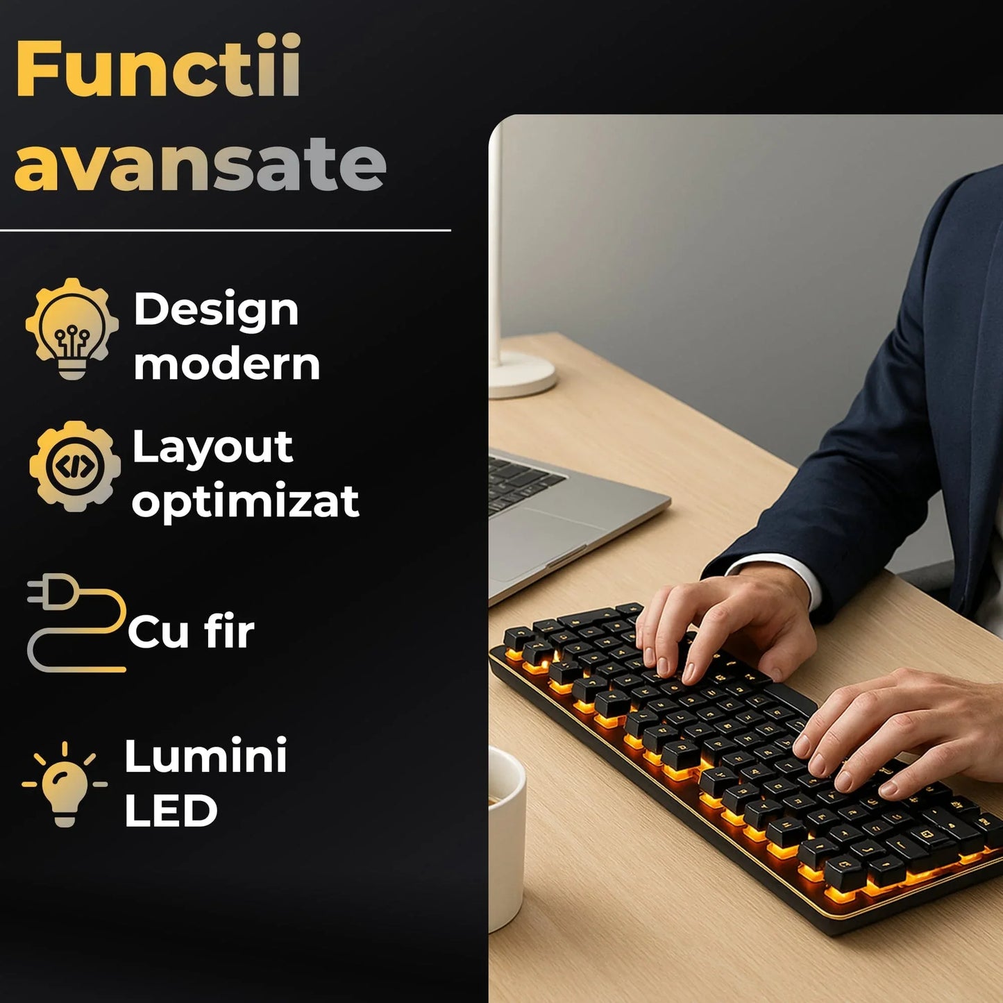 Tastatura Mecanica Timebox – Design Slim cu Iluminare LED, Tehnologie Whisper-Quiet 37dB, Taste Floating Inteligente, Layout Ergonomic, Conectare prin Cablu USB, Ideala pentru Office si Gaming, Negru - 221.ro